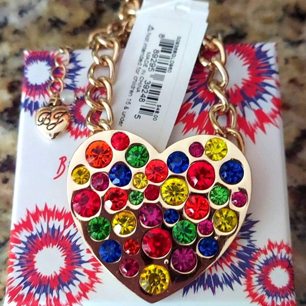 Betsey Multi colored gold heart statement necklace